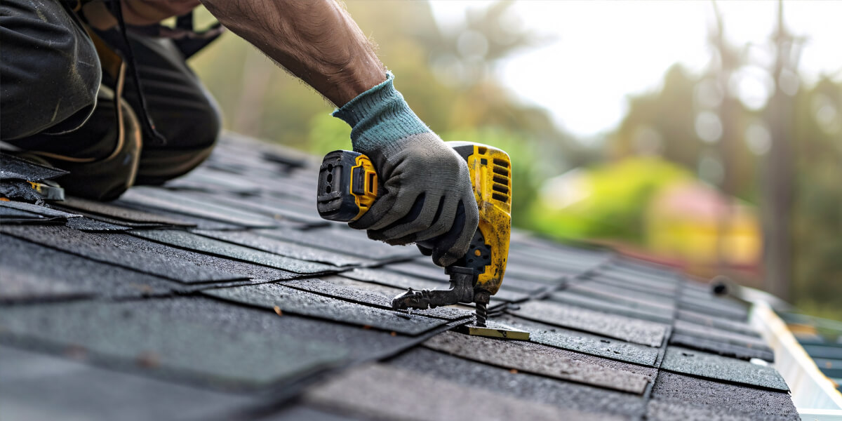A person wearing gloves uses a yellow power drill to secure dark roof shingles while kneeling on a roof, demonstrating the expertise of trained roofers Ottawa during a roofing installation or repair.