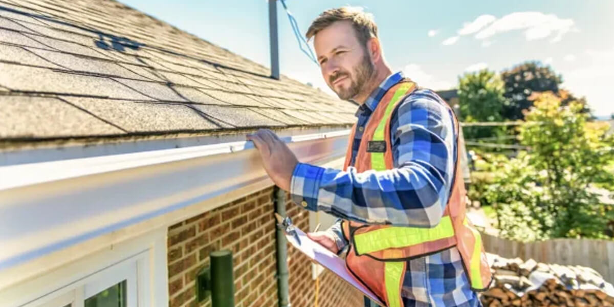 A roofing contractor in Ottawa, wearing a safety vest and plaid shirt, inspects the gutters on a house roof with a clipboard on a sunny day.