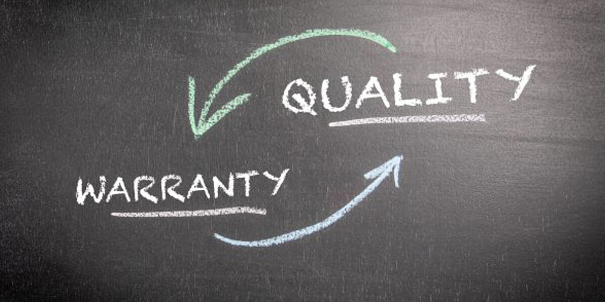 The words WARRANTY and QUALITY are written in white chalk on a blackboard, connected by two curved arrows, one green and one blue, forming a cycle between the two terms—reflecting the assurance of Barrhaven roof warranties.