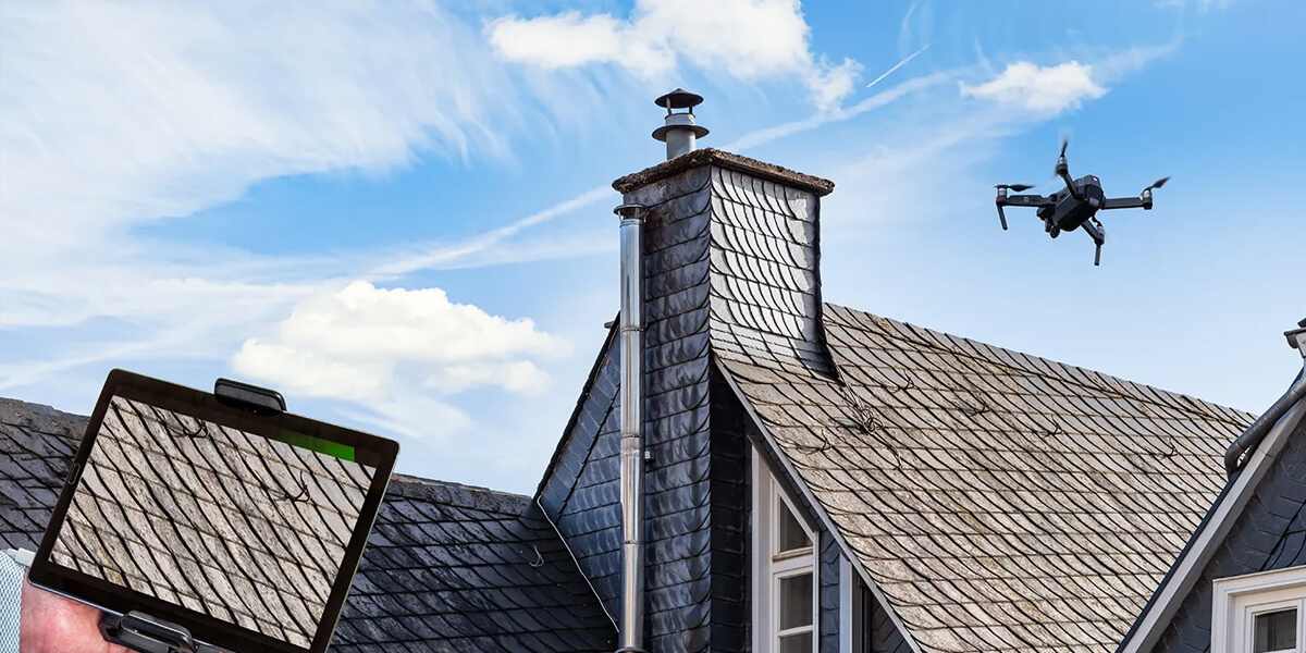 A drone, showcasing modern technology for roofing, flies near the steep, slate-tiled roof and chimney of a house under a blue sky with scattered clouds.