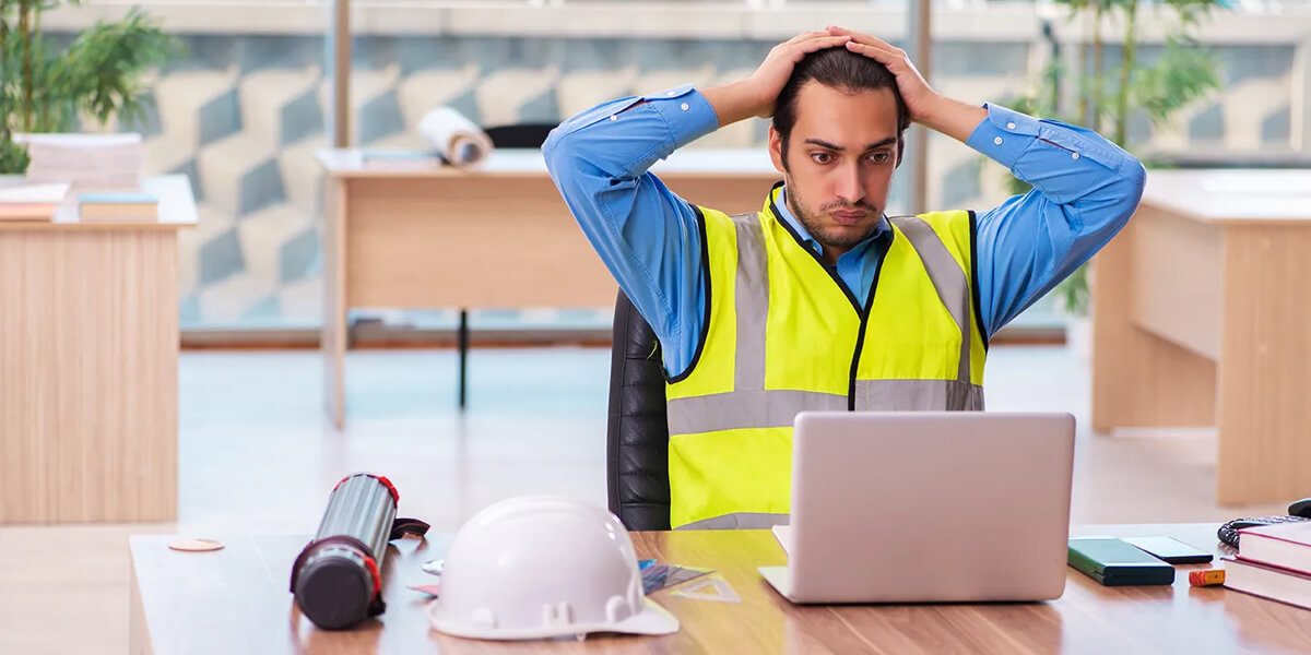 A man wearing a reflective safety vest sits at a desk, looking stressed with his hands on his head while staring at a laptop. A white hard hat and office supplies are on the desk in front of him, highlighting the challenges roofing experts face.