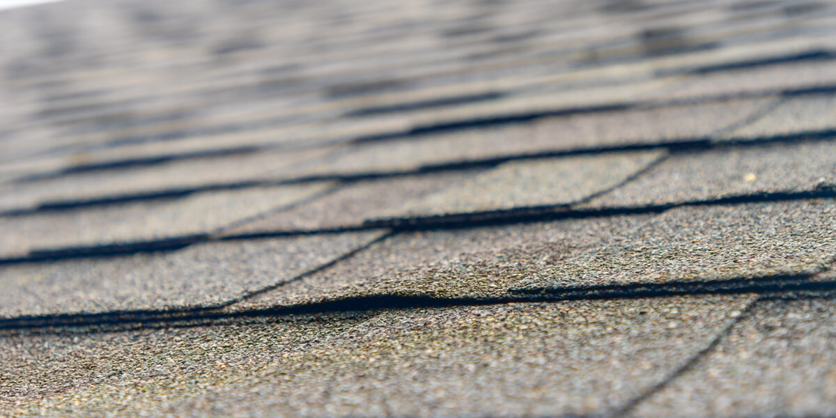 Close-up view of asphalt roof shingles, some of which appear to be lifting or warping, indicating potential roof damage or wear that could lead to roof leaks. The image highlights the shingles’ texture and condition.