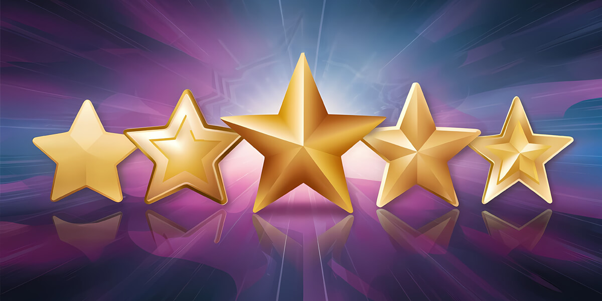 Five shiny gold stars are arranged in a row against a vibrant, glowing purple and blue background with light streaks, capturing the dramatic and celebratory vibe of excellent Ottawa roofing reviews.