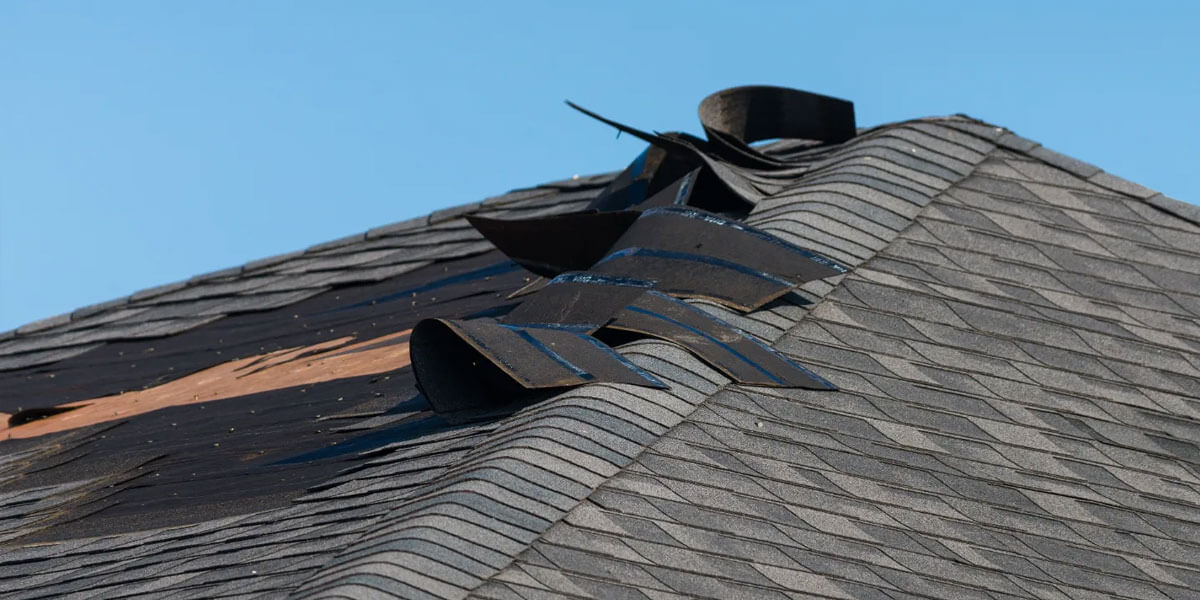 Damaged roof with several asphalt shingles peeled and lifted, exposing the wooden structure underneath, against a clear blue sky. The roof wind damage is evident as the shingles appear to be lifted and in need of repair.