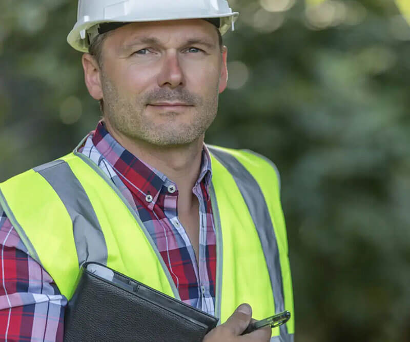 GAF master elite roofing contractor stands with clipboard in hand smiling at camera.