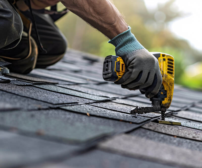 A person wearing gloves uses a yellow power drill to secure dark roof shingles while kneeling on a roof, demonstrating the expertise of trained roofers Ottawa during a roofing installation or repair.