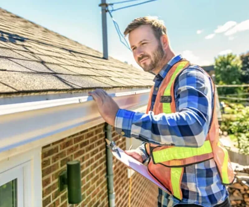 A roofing contractor in Ottawa, wearing a safety vest and plaid shirt, inspects the gutters on a house roof with a clipboard on a sunny day.