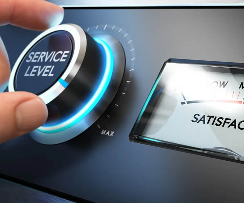 A hand turns a large dial labeled Service Level toward maximum, while a nearby gauge with a needle points toward Satisfaction in the high range.