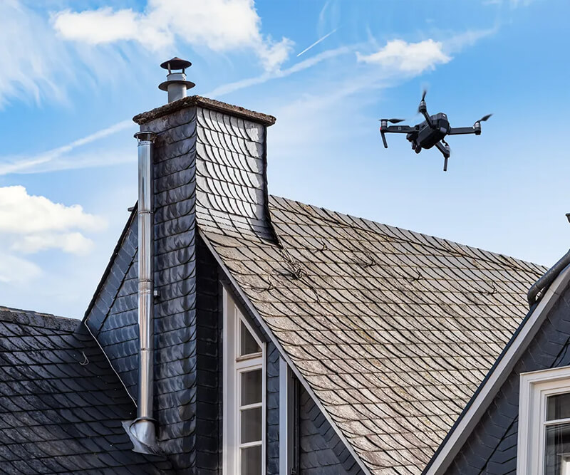 A drone, showcasing modern technology for roofing, flies near the steep, slate-tiled roof and chimney of a house under a blue sky with scattered clouds.