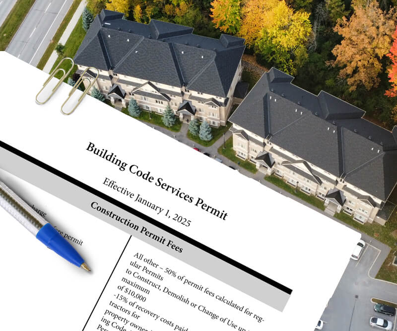 A Building Code Services roof permit Ottawa form with two pens and a paperclip is overlaid on an aerial view of residential buildings and a tree-lined street in autumn.
