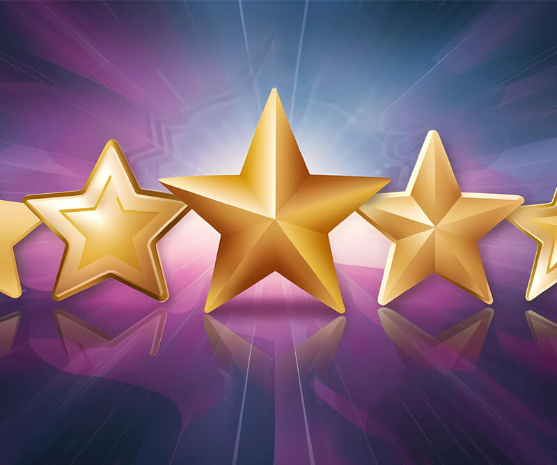 Five shiny gold stars are arranged in a row against a vibrant, glowing purple and blue background with light streaks, capturing the dramatic and celebratory vibe of excellent Ottawa roofing reviews.