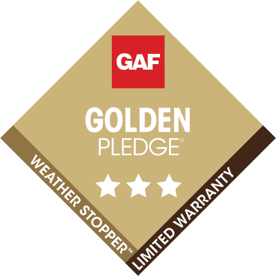 A diamond-shaped badge with a red square labeled GAF at the top, Golden Pledge and three white stars in the center, and Weather Stopper Limited Warranty along the bottom brown edge.