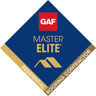 GAF Master Elite logo in a blue diamond shape with gold borders, featuring the words Master Elite Residential Roofing Contractor and a red square with GAF at the top.