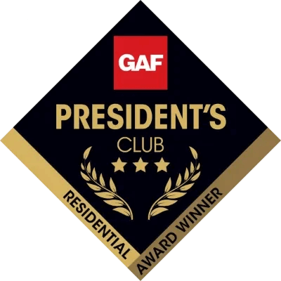 Diamond-shaped emblem with a red GAF logo at the top, gold text reading PRESIDENTS CLUB, three stars, laurel branches, and the words RESIDENTIAL AWARD WINNER at the bottom on a black background.