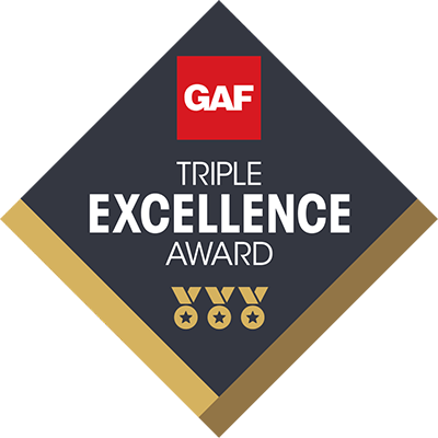 GAF Triple Excellence Award logo with three gold medals, white text on a dark diamond background, and a red GAF logo at the top.