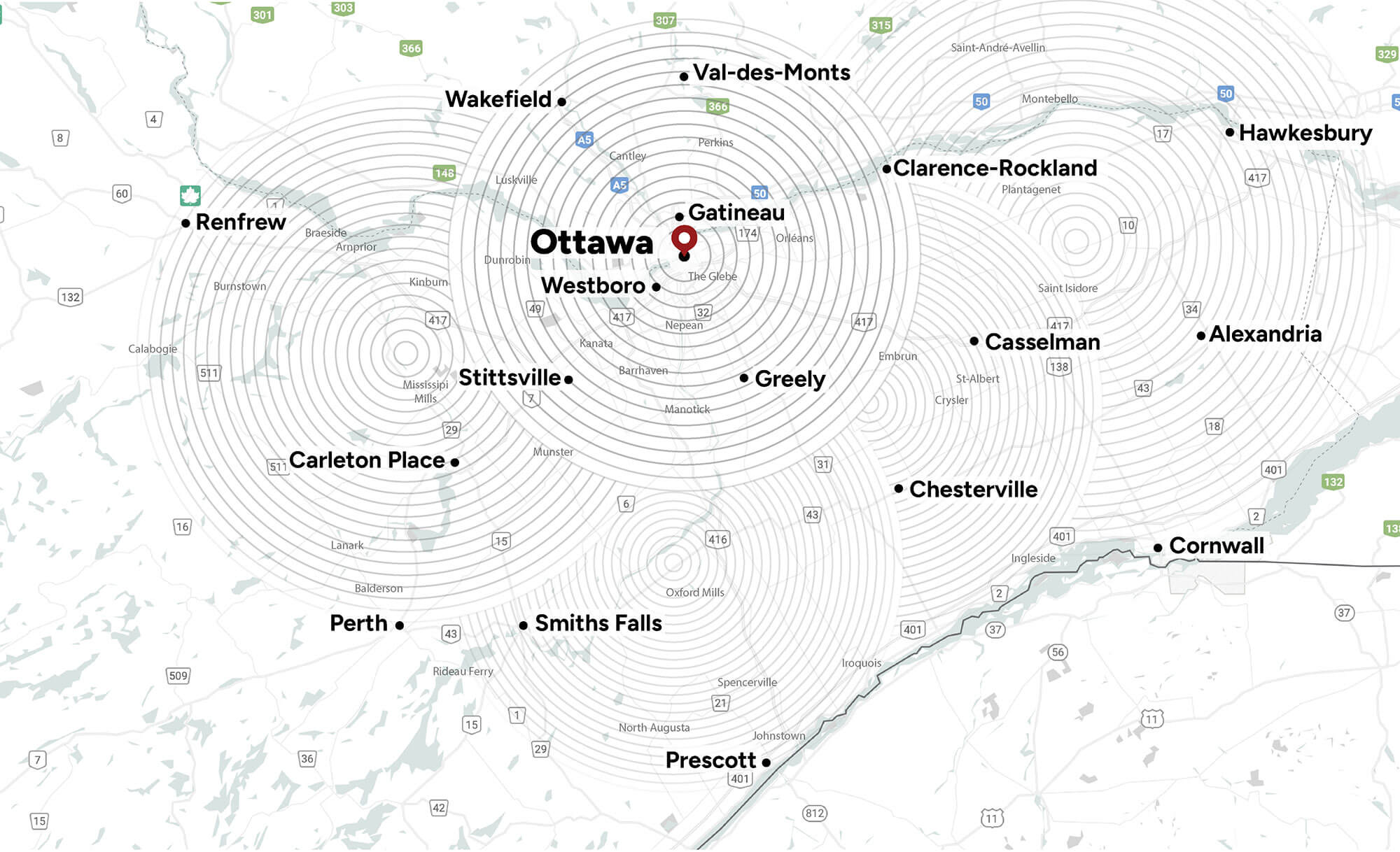 A map of Ottawa and surrounding areas marked with red location pins at Gatineau, Westboro, Kanata, Stittsville, Nepean, Barrhaven, Riverside South, Manotick, Greely, and The Glebe. Major roads and the Ottawa River are visible.