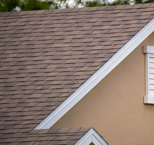 Close-up of a house roof with brown architectural shingles and part of a beige wall featuring a white attic vent. Green tree branches appear in the blurred background.