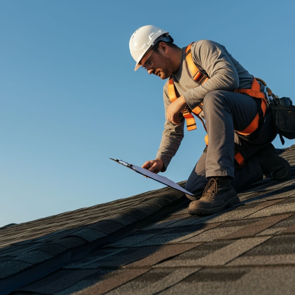 A construction worker wearing a safety harness and helmet kneels on a shingle roof, conducting a roof inspection with clipboard in hand, carefully examining the roofing under a clear blue sky.
