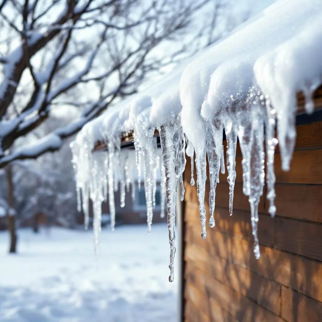 Icicles hang from the snow-covered edge of a wooden roof, glistening in the winter sunlight. An ice dam forms along the eaves, while snow blankets the ground and bare trees stand in the background, creating a peaceful, cold winter scene.