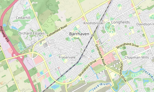 Map showing Barrhaven in Ottawa, Canada, highlighting roads such as Fallowfield Road, Strandherd Drive, Greenbank Road, and Highway 416, with neighborhoods like Orchard Estates and Chapman Mills.