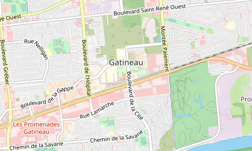 Map of central Gatineau, Quebec, showing labeled streets like Boulevard de l’Hôpital and Boulevard de la Cité, plus locations such as Les Promenades Gatineau shopping center and nearby parks and rivers.