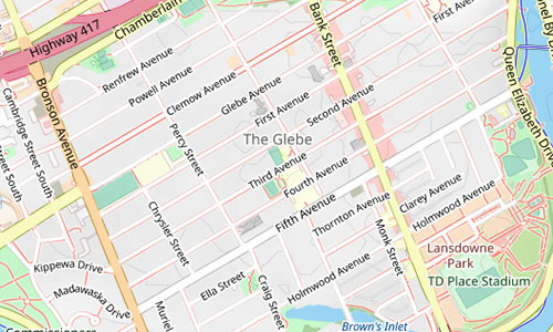 Map of the Glebe neighborhood in Ottawa, highlighting streets like Bank Street, Clemow Avenue, Fifth Avenue, Queen Elizabeth Driveway, plus key landmarks such as Lansdowne Park and TD Place Stadium.