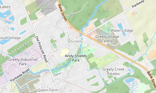 A map highlighting the Greely area, featuring labeled locations such as Andy Shields Park, Greely Village Centre, Greely Creek Estates, and Water’s Edge. Major streets like Bank Street, Parkway Road, and Old Prescott Road run through Greely.