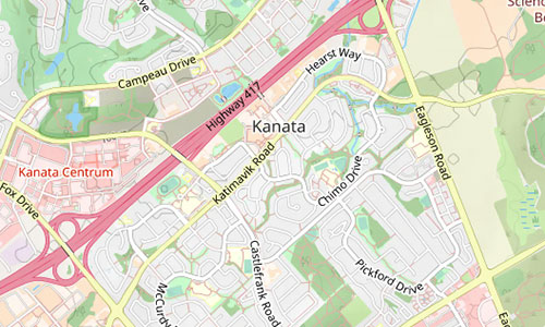 A detailed map of Kanata highlights streets like Katimavik Road, Castlefrank Road, and major routes such as Highway 417 and Eagleson Road. Kanata Centrum is clearly labeled on the left.