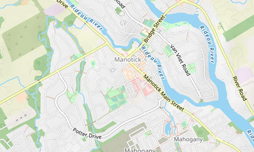Map of Manotick, featuring major roads like Manotick Main Street, Bridge Street, and Potter Drive. The Rideau River curves through the area, with neighborhoods in green and white for a clear view of the Manotick community.