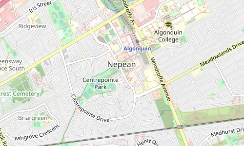 Map highlighting Nepean in Ottawa, Ontario, featuring Centrepointe Park, Algonquin College, Woodroffe Avenue, and nearby streets and neighborhoods within the Nepean area.