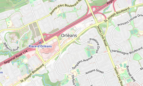 Map showing Orleans in Ottawa, Canada, highlighting major roads such as St. Joseph Boulevard, Tenth Line Road, Jeanne-d’Arc Boulevard, and the Place d’Orléans shopping center. Residential streets and parks in Orleans are also visible.