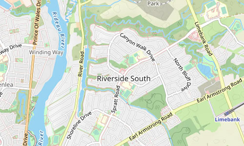 Map showing Riverside South neighborhood in Ottawa, featuring nearby roads like River Road, Earl Armstrong Road, and Limebank Road, as well as the Rideau River and green spaces throughout Riverside South.