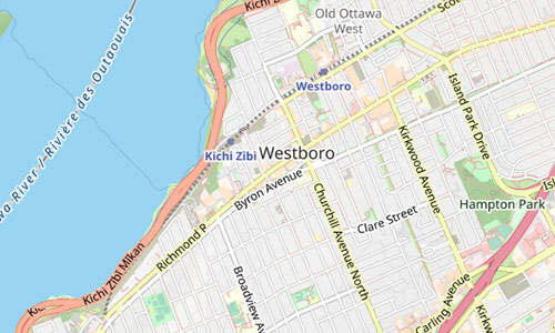 A map showing Ottawa’s Westboro neighborhood, bordered by the Ottawa River to the northwest and featuring major streets like Richmond Road, Byron Avenue, and Island Park Drive. Discover Westboro’s vibrant urban charm.